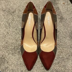 Nine West Multicolor Patchwork Pointed-Toe Pumps in Red, Brown, and Gray